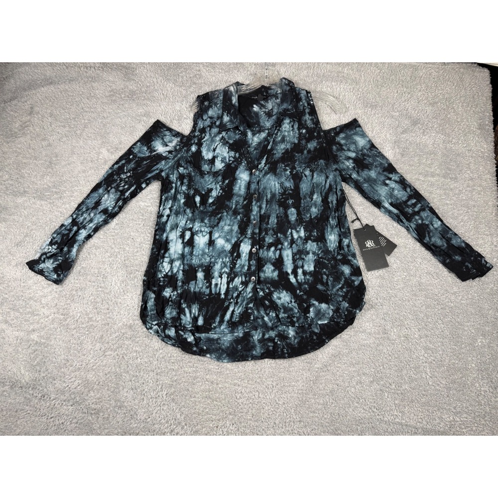 Rock & Republic Cold Shoulder Top Womens L Blue Black NWT Tie Dye Grunge Shirt